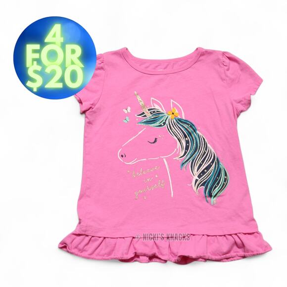 4/$20 - Carters Girls Short Sleeve T-Shirt Pink Unicorn Ruffle Trim Size 8 - Picture 1 of 7